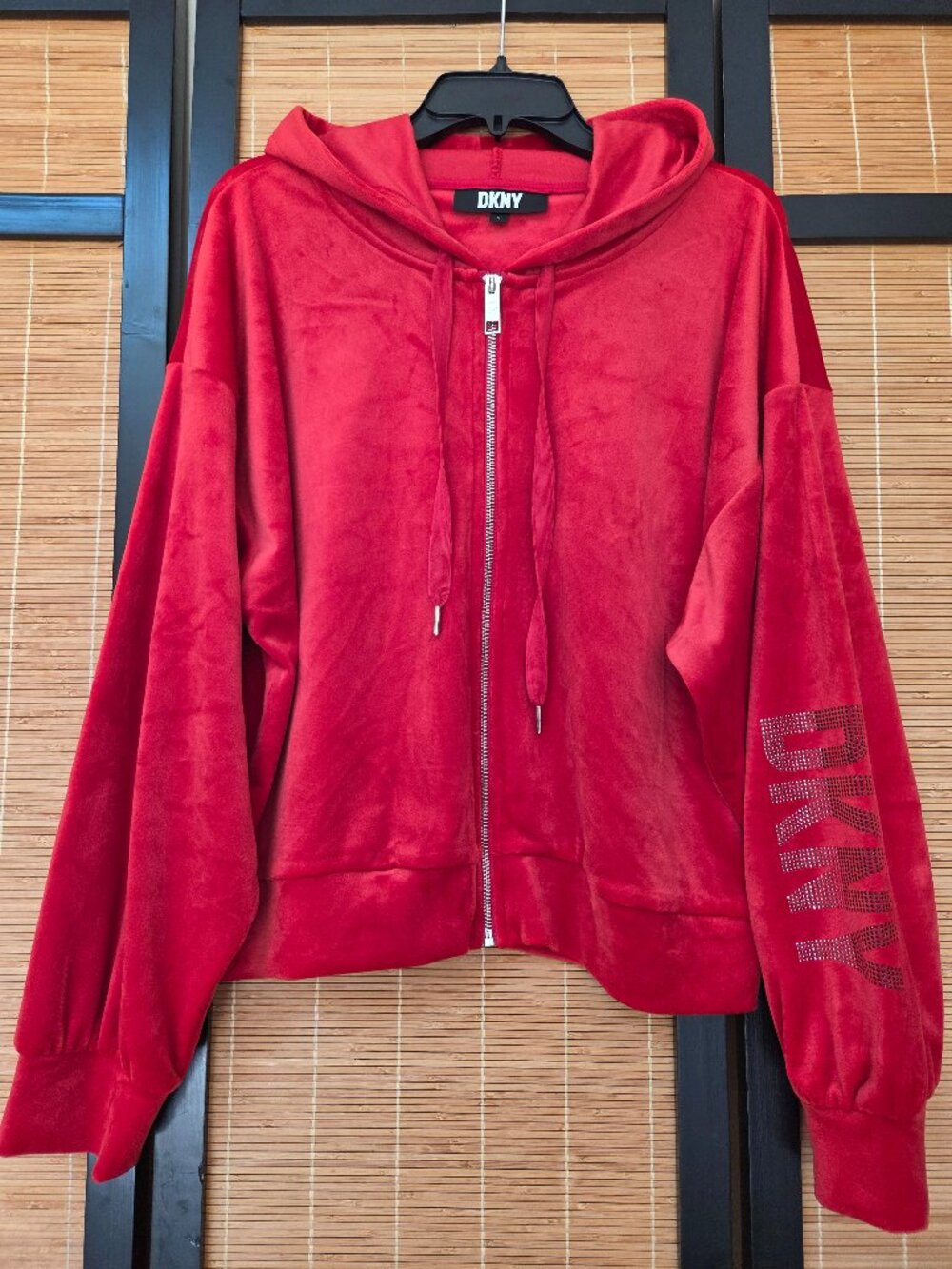 DKNY Women's Size L/XL Full Zip Red Velour Hoodie Logo Oversized Relaxed Casual